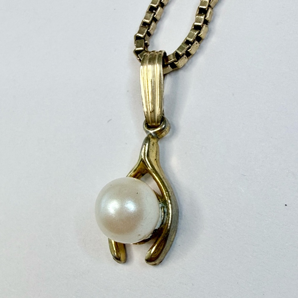 Vintage 70’s Gold Filled Wishbone/Faux Pearl Pendant Box Chain Necklace 15.5” - Picture 4 of 15